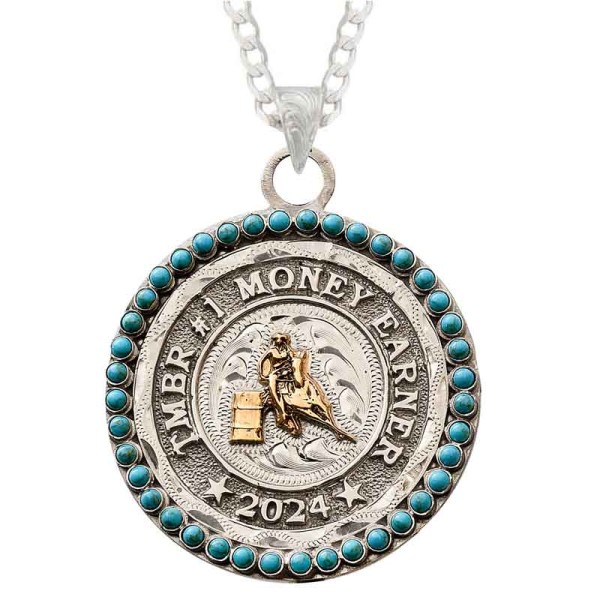 A custom pendant necklace for graduations featuring a barrel racing figure and custom silver lettering, with a sterling silver chain 